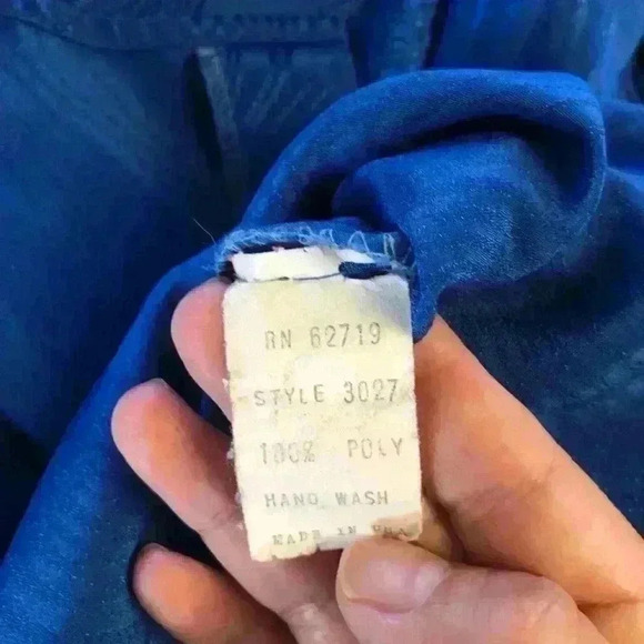 VTG 80s Blue Polyester Front Pleated Long Sleeve High Collar Blouse Women Large - Picture 6 of 9